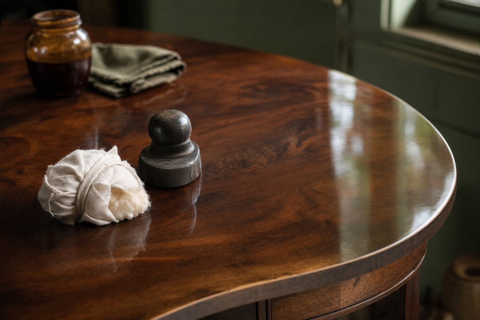 Illustrative close view of a polishing rubber on a finished walnut table