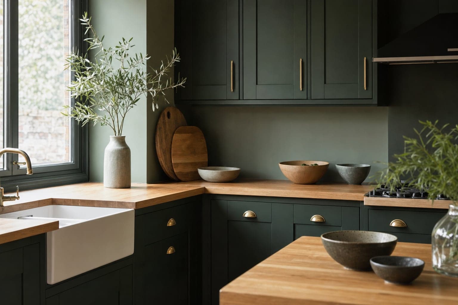 A calm kitchen with deep green shaker cabinets and an oak worktop with a satin finish