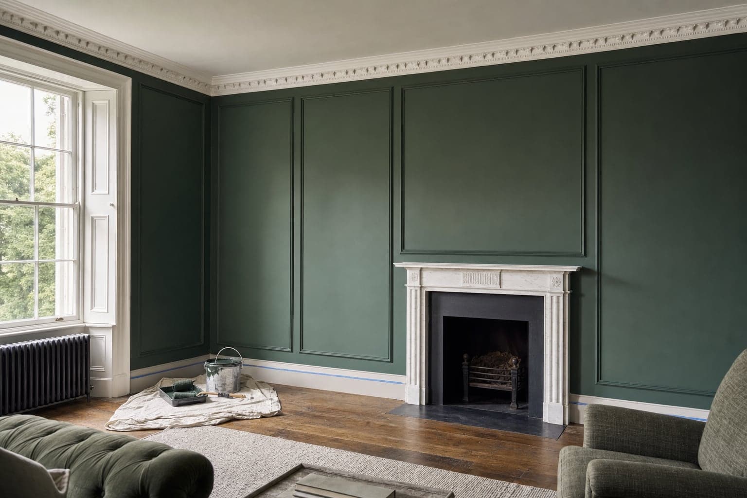 A Georgian room freshly painted deep green with white cornicing, a paint kettle on a dust sheet in the corner