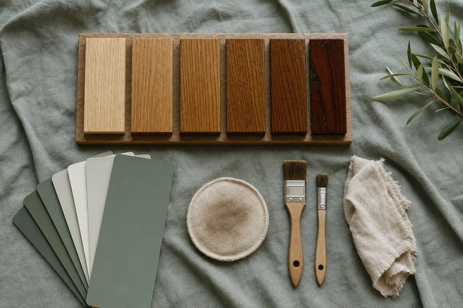 Illustrative timber finish samples with brushes and colour swatches