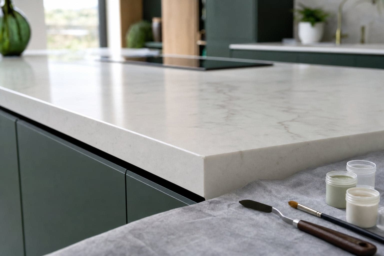 The edge of a quartz worktop with a filling knife, fine brush and colour-matched resins on a dust sheet